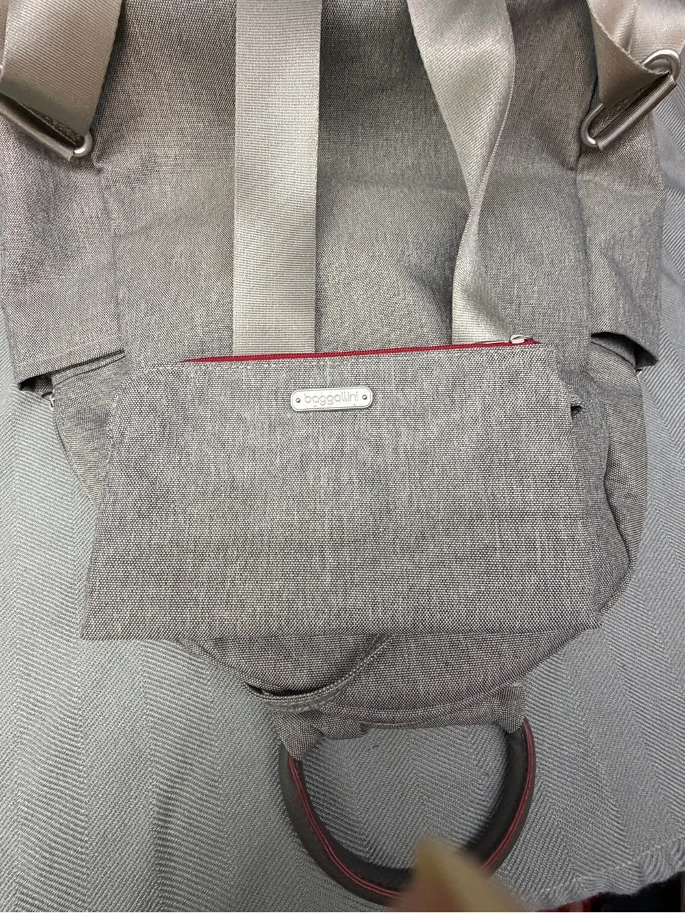 Baggallini all day backpack with handle multi pocket gray exterior blue interior
